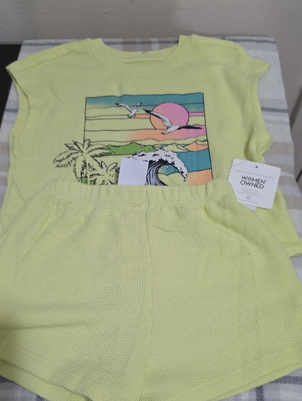 Kids' Lemon Yellow Waffle Knit Matching Set - Casual Beach Graphic